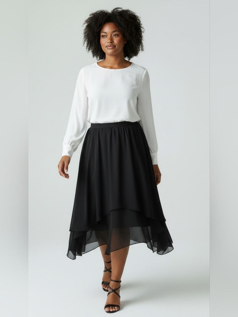 Cachet Black Layered High-Low Chiffon Lined Midi Skirt Misses Size 10